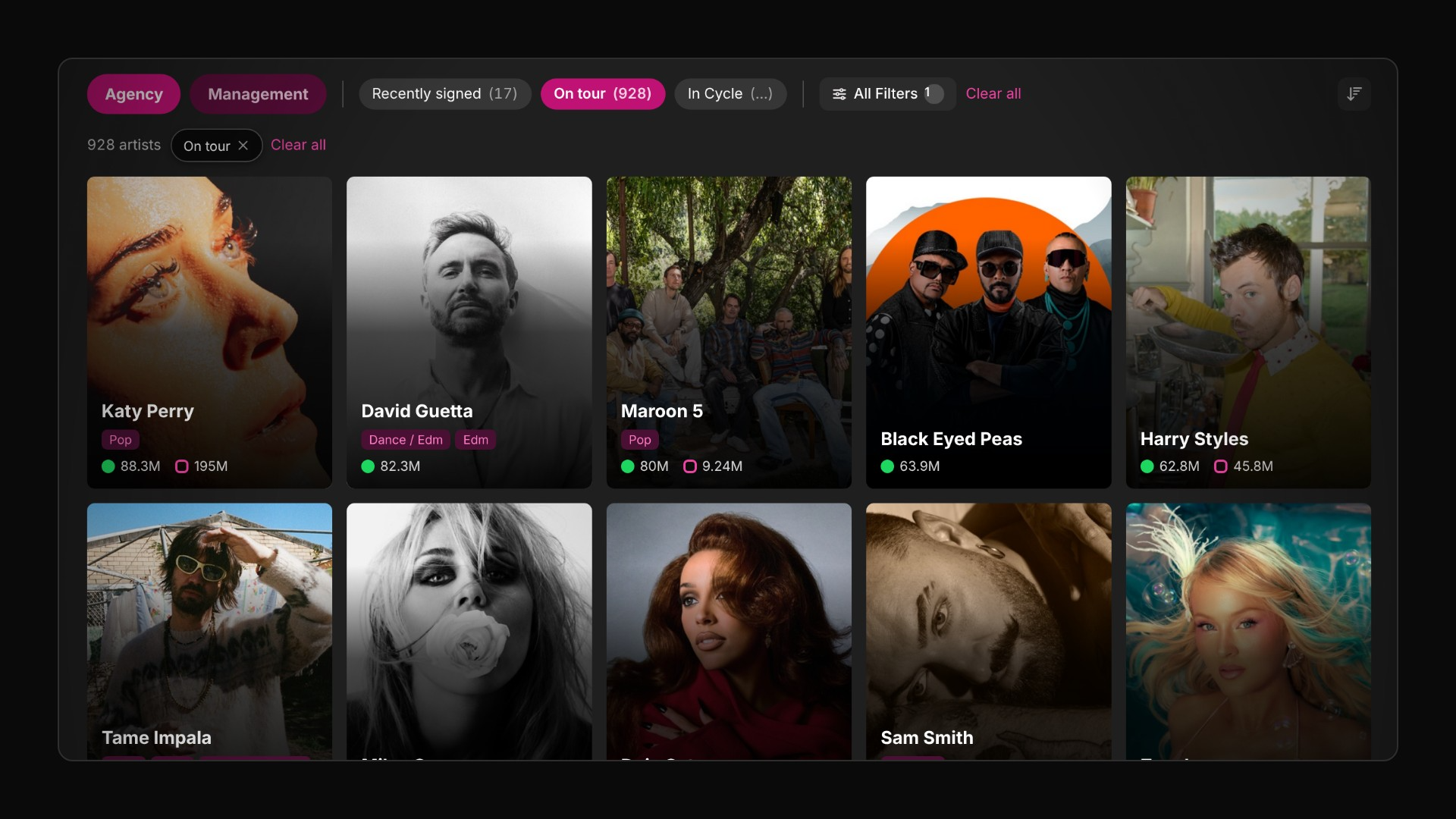 CAA's roster filtered to On tour, showing 928 of 2,341 artists