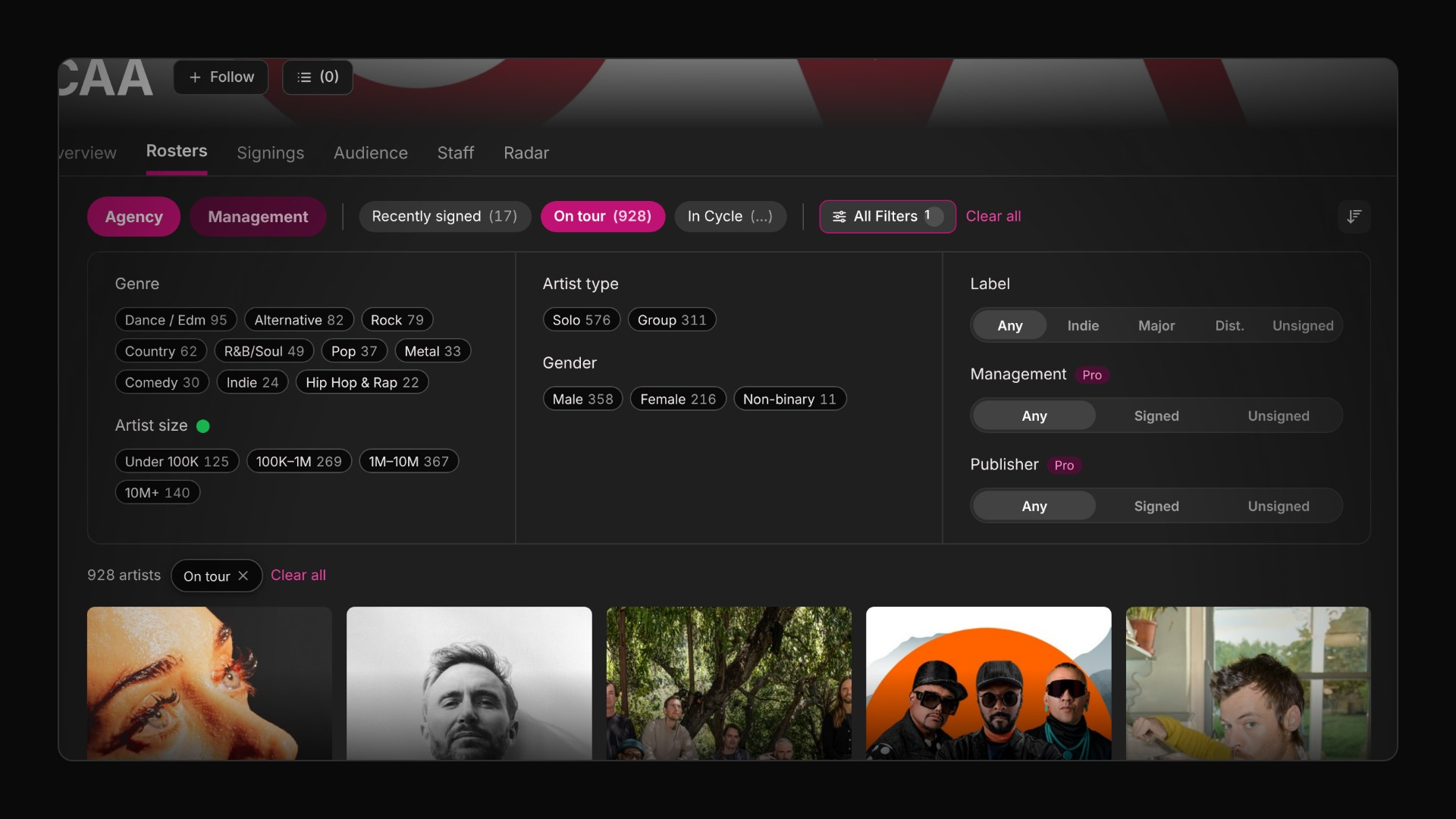 The All Filters panel open on CAA's roster, with a count beside each option