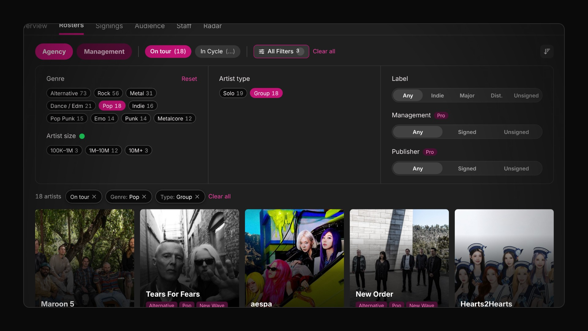 CAA's roster filtered to On tour, Pop and Group, showing 18 artists with filter chips above the results